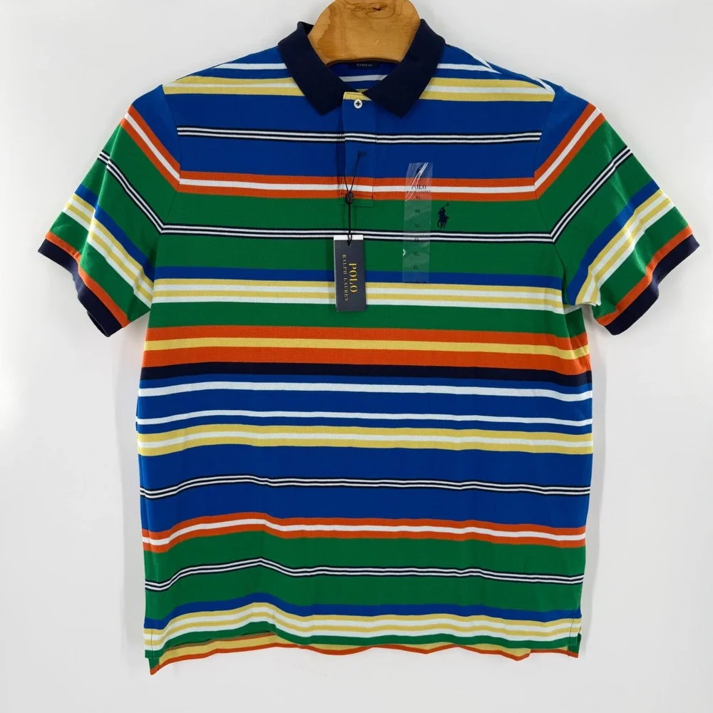 Polo Ralph Lauren Mens XL Classic Fit Striped Cotton Mesh Polo Shirt Multi Color